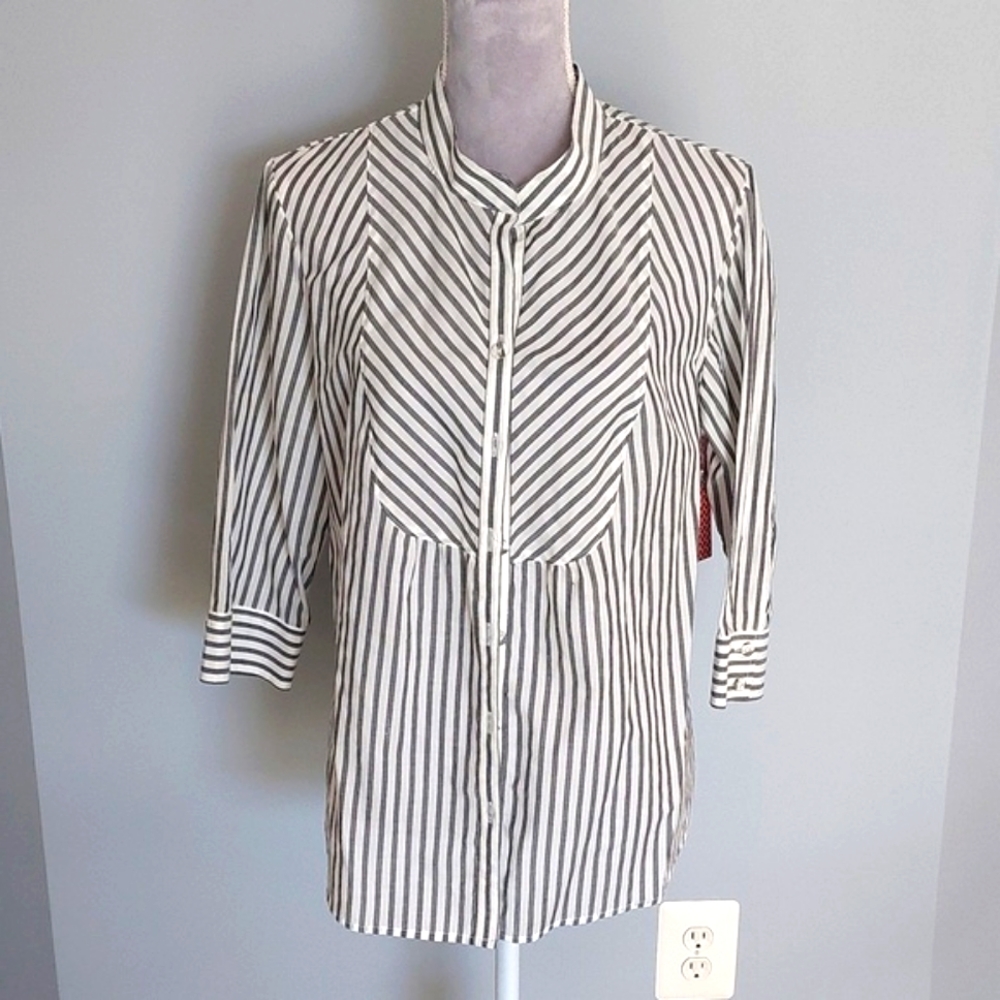 NWT Merona gray/white striped cotton blouse, size L